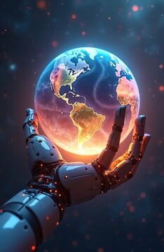Robotic hand gently holds glowing planet Earth with continents lit. Advanced AI technology concept, digital future, global network. Sci fi digital art.