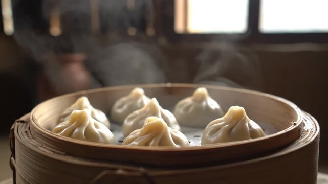Steaming Hot Momos in a Traditional Bamboo Steamer.