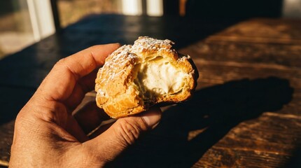 Hand holding a delicious cream puff with a bite taken out, revealing the creamy filling, under warm sunlight.