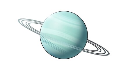 Celestial body with prominent icy rings depicted in shades of pale blue and cyan