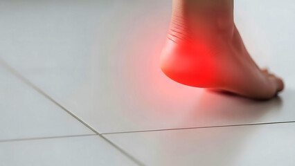 Bare foot with red glow on white tiled floor light desig