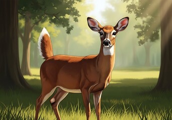 Young cervid stands alertly within the sunlit woodland clearing