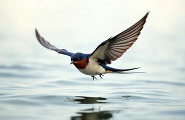 Barn swallow bird flies low over rippling water surface. Bird has blue head red throat white belly. Wings spread wide in natural habitat. Wildlife in motion.