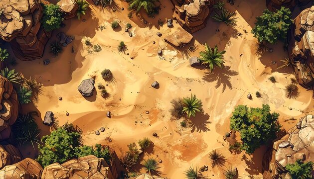 Overhead view of a desert canyon, featuring sandy ground, rocky outcrops, scattered foliage and shadows from a sunny day