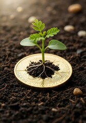 Young plant sprouts with visible roots emerging from the surface of a golden metallic disc buried in dark soil