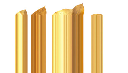 Four gold-toned vertical pillars against a black background, with varying widths