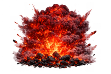 Large fiery explosion with impactful blast, emitting dark smoke, glowing embers, and flying debris on transparent background