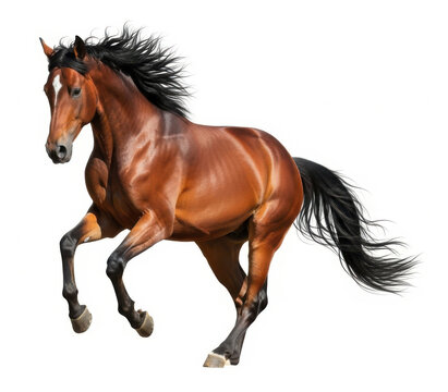 Beautiful brown horse galloping freely on lush grass mane flowing collected in action poses isolated, symbolizing power and nature
