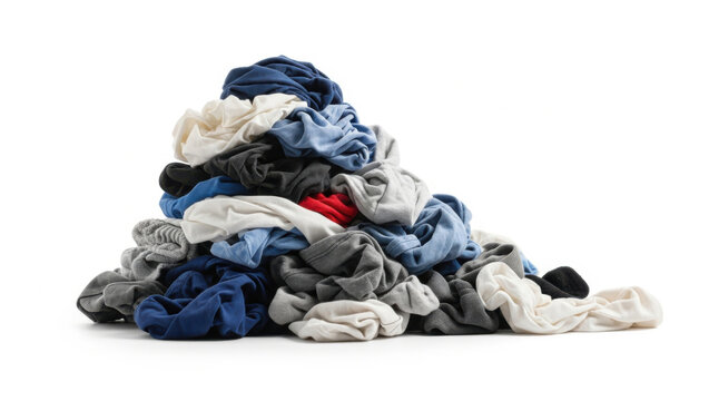 Disorganized pile of dirty laundry including shirts pants and socks in various colors isolated on a white background, representing chores
