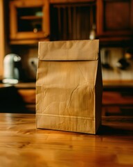 A brown paper bag sits elegantly on a wooden table, suggesting potential lunch or takeout. Capturing simple and inviting moment.