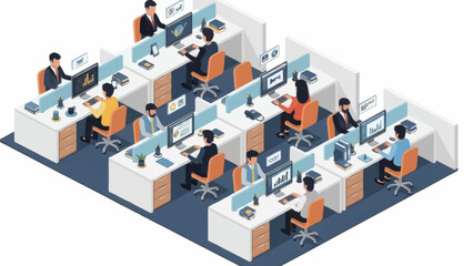 Modern office space with multiple workstations and employees.