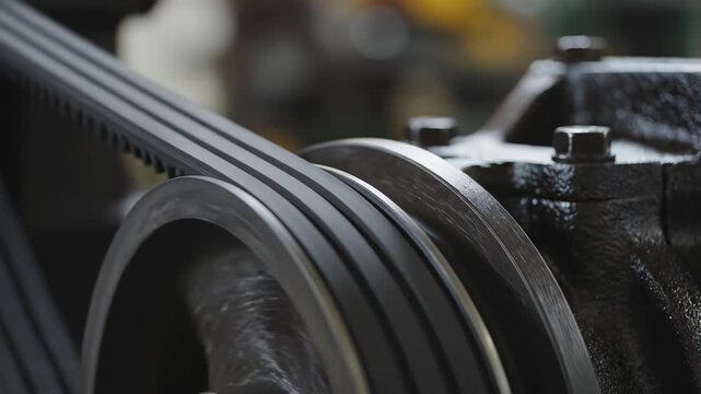 Closeup of mechanical pulley and belt