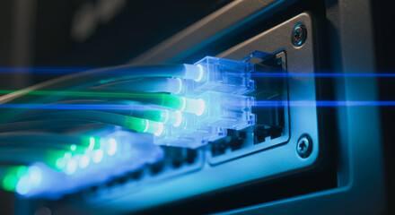 High Speed Data Transmission Closeup, Glowing Fiber Optic/Ethernet Cables Connected to Network Switch in Server Rack