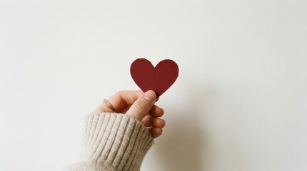Hand holding a small red heart against a plain white background.