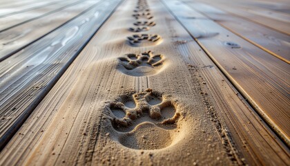 Abstract Pattern of Paw Prints and Human Footprints. Pets + Human Bonding. Abstract photograph of repeating wet paw prints mixed with bare human footprints on a dry wooden deck or sandy surface.
