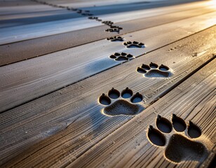 Abstract Pattern of Paw Prints and Human Footprints. Pets + Human Bonding. Abstract photograph of repeating wet paw prints mixed with bare human footprints on a dry wooden deck or sandy surface.

