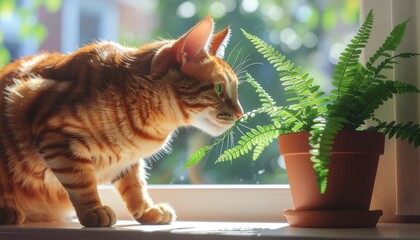 Cat Investigating a Plant with Suspicion. Pets + Human Bonding. Humorous photograph of a orange Tabby cat in a playful pose suspiciously sniffing and investigating a houseplant on a window sill.
