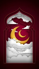 Islamic crescent moon and clouds in red and gold colors  religious symbol
