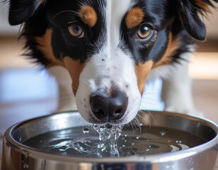 Close-Up of a Dog Drinking Water Vigorously. Pets + Human Bonding. Macro photograph of a dog's face vigorously lapping up water from a clean bowl with water droplets spraying slightly.
