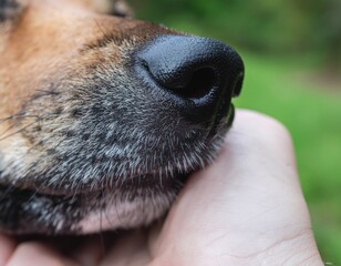 Close-Up of a Dog's Wet Nose Nudging a Hand. Pets + Human Bonding. A high-resolution extreme macro photograph focusing on a dog's wet black nose gently nudging the palm of a person's hand .
