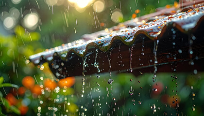 Close-up rain falling from roof edge, water streams and droplets frozen in motion