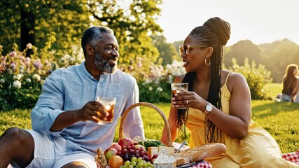 Couple enjoying picnic in garden
