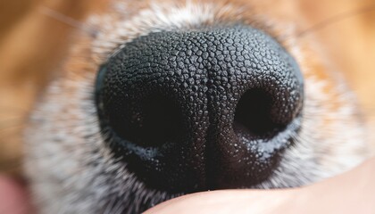Close-Up of a Dog's Wet Nose Nudging a Hand. Pets + Human Bonding. A high-resolution extreme macro photograph focusing on a dog's wet black nose gently nudging the palm of a person's hand .
