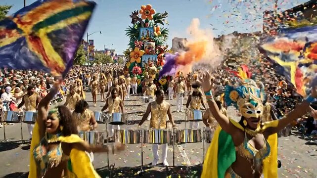 Vibrant street festival parade featuring dancers and musicians in colorful attire