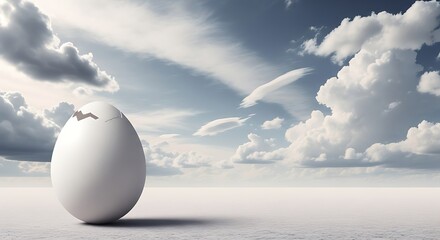 Single white ovum rests upon a barren plain beneath a dramatic cloudy sky