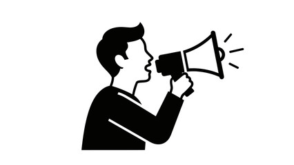 Man shouting through megaphone in black and white illustration