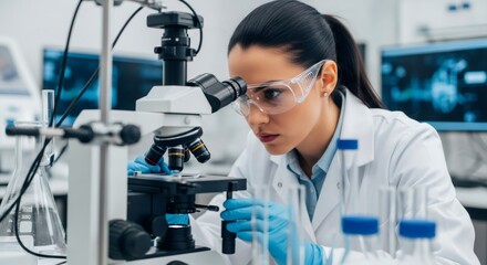 Woman scientist using a microscope for research in a high-tech laboratory. Future lab environment with advanced scientific equipment.
