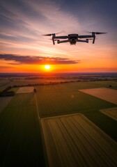 Unmanned aerial vehicle hovers above agricultural fields during a vibrant sunset