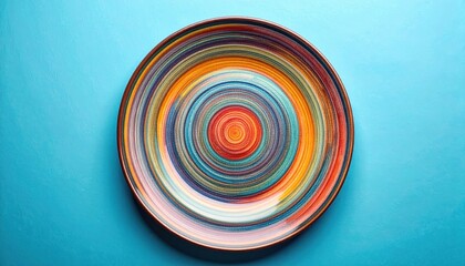 Colorful Swirl Plate on Blue Background - A Vibrant Artistic Composition.