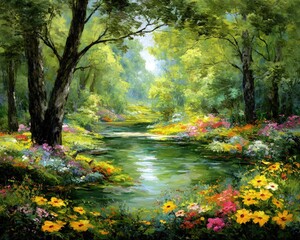 Colorful Forest Stream Scene With Lush Flowers And Trees