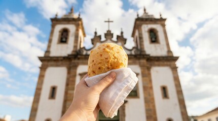 Hand holding acaraj, a traditional Brazilian street food, in front of a historic church in Salvador, Bahia.