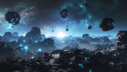 Extraterrestrial asteroid field above rocky terrain with glowing blue lights and a distant radiant star.