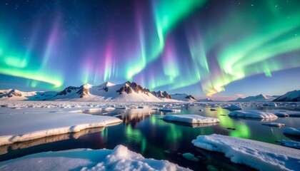 Colorful aurora lights over snow-covered mountains and icy fjord reflecting vibrant night sky.