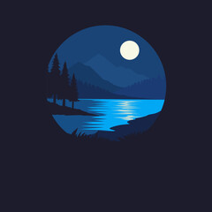 Minimalist night landscape illustration showing a full moon over a calm lake, with pine trees and layered mountains in deep blue tones, framed inside a circular shape © pramurti