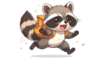 Cartoon raccoon with backpack, running with joy, surrounded by autumn leaves