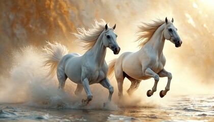 Obraz premium Two white horses run through shallow water creating splashes. Manes flow wildly in warm golden light, suggesting power, freedom. Horses move together across bright watery expanse, muscles defined.