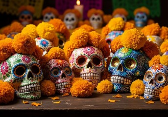Decorated ceramic skulls adorn an altar surrounded by bright orange flowers