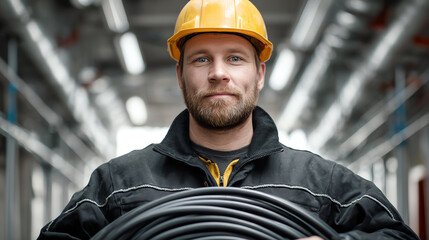 A confident worker in a hard hat holds coiled cables, showcasing expertise in the industrial environment.