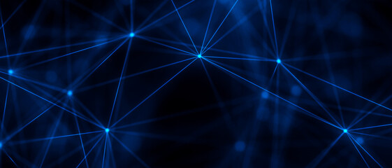 Obraz premium Abstract background illustrating a digital data network with glowing nodes and thin connecting lines on a dark background. Clean modern concept for technology, innovation, and corporate digital use.
