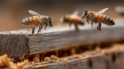 Honeybees walking on a wooden surface, possibly near a hive or foraging.