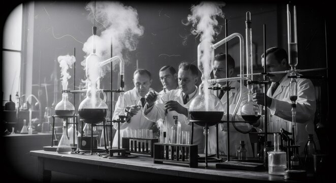 Men scientists experimenting in a vintage dark laboratory. Mysterious scientific research and chemical reactions for a conspiracy theory concept.