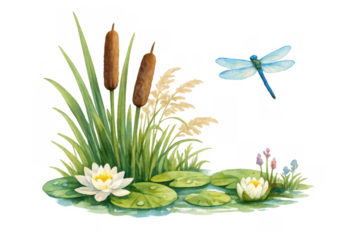 Watercolor pond scene with cattails, water lilies, and flying dragonfly on a transparent background