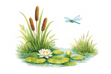 Pond scene with water lilies, cattails, green reeds, and a blue dragonfly flying over water, on transparent background