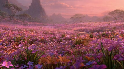 Pink Flower Field at Sunset Landscape