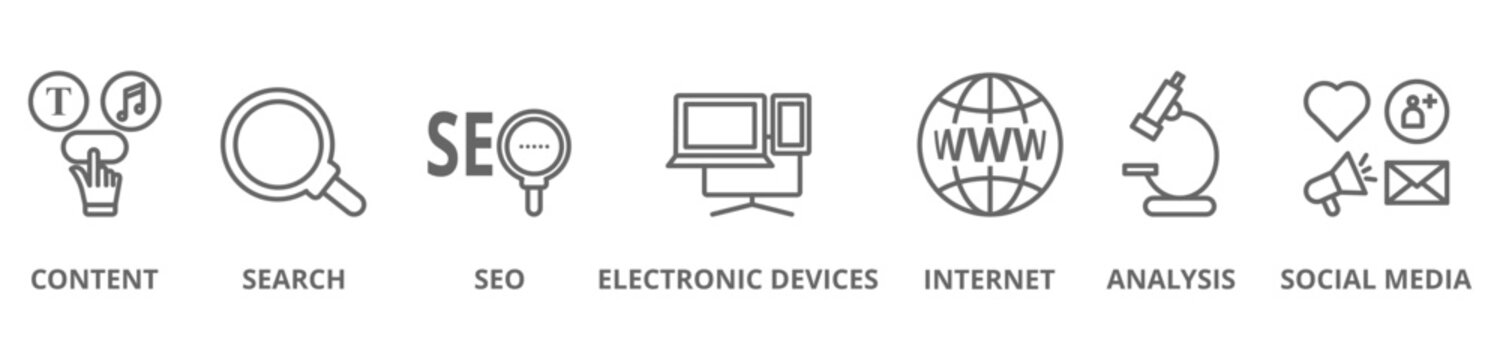 Digital marketing concept icon illustration contain content, search, seo, electronic devices, internet, analysis and social media