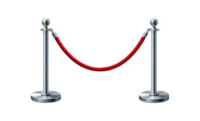 Red Velvet Rope Barrier with Chrome Stanchions on Transparent Background with Minimalist Design Element